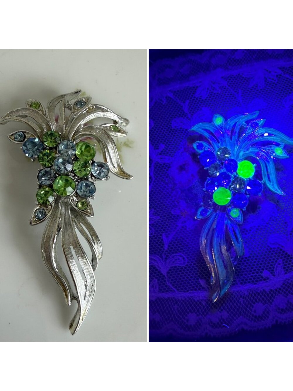 Vintage 50's Coro Flower Spray Brooch Blue & green Uranium Rhinestones